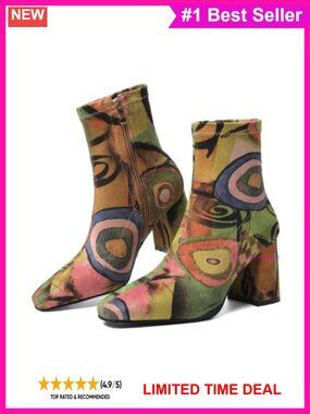Women's Square Toe Ankle Boots Block Heel Side Zip Stretchy Booties